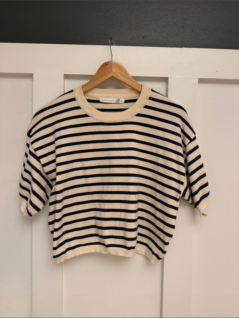 Altar'd State Cream & Blue Striped Short-Sleeve Knit Top